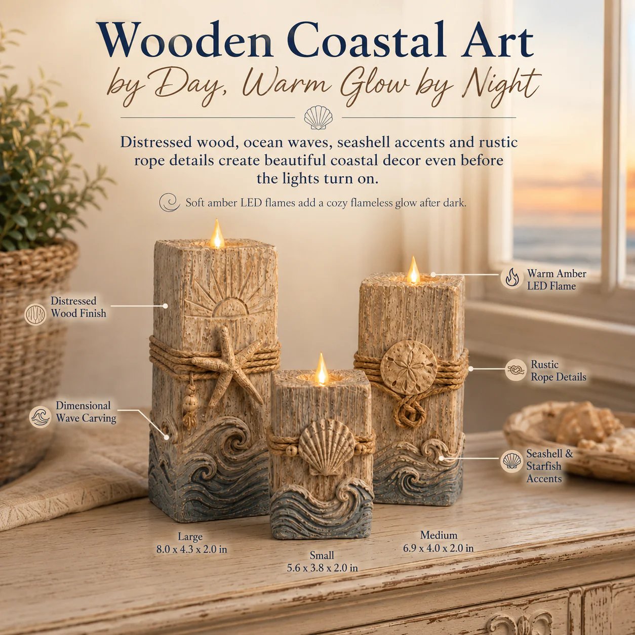 Close-up of distressed wood with ocean waves starfish and rope details