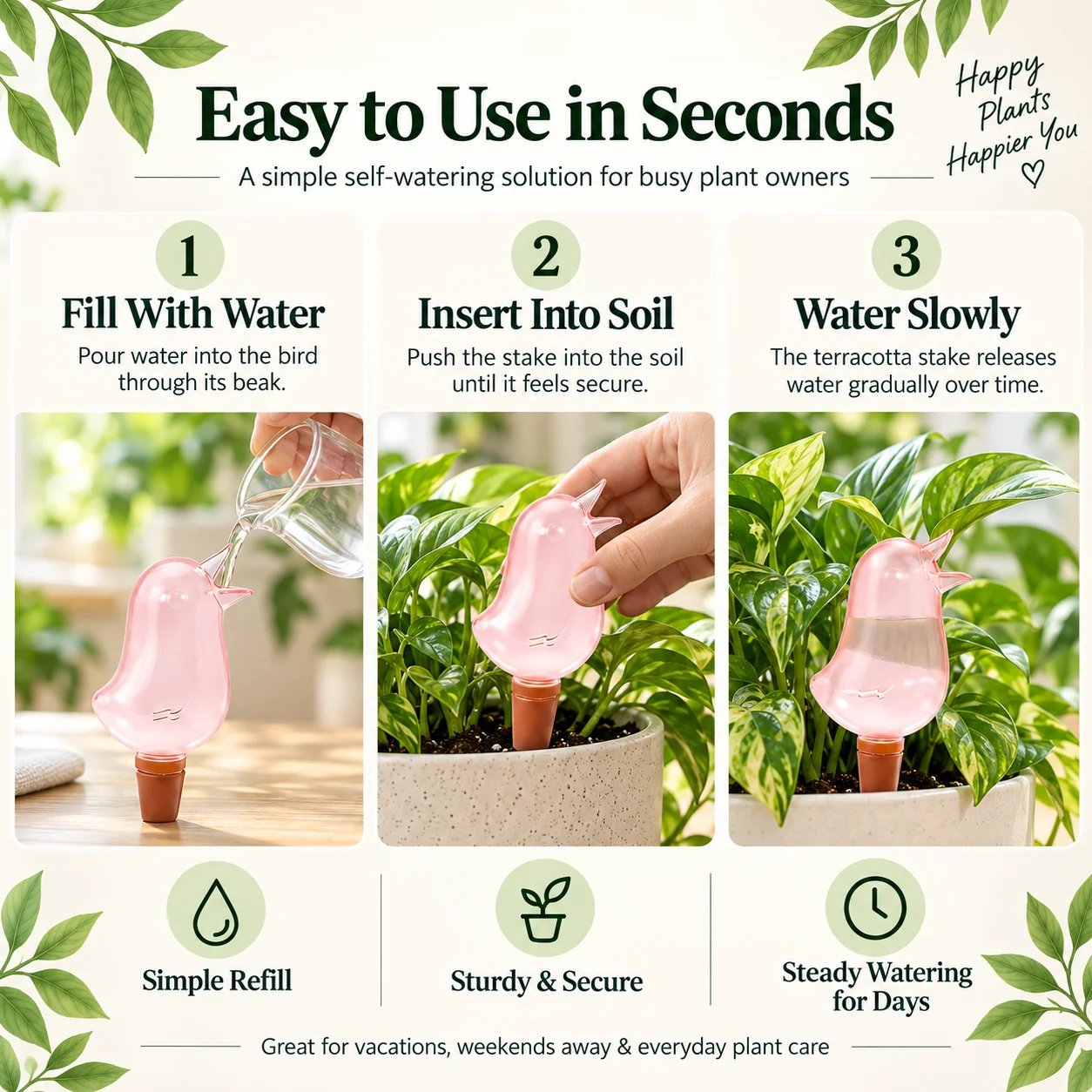 Bird shaped plant watering stakes features