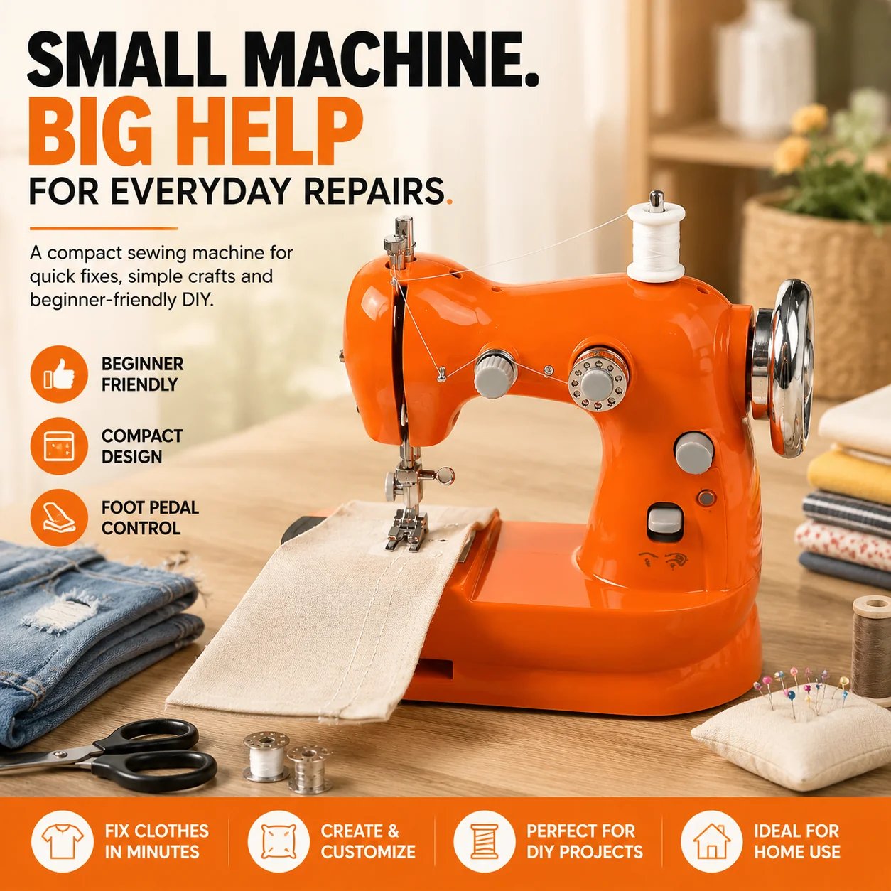 Compact orange electric sewing machine for home repairs and beginner sewing