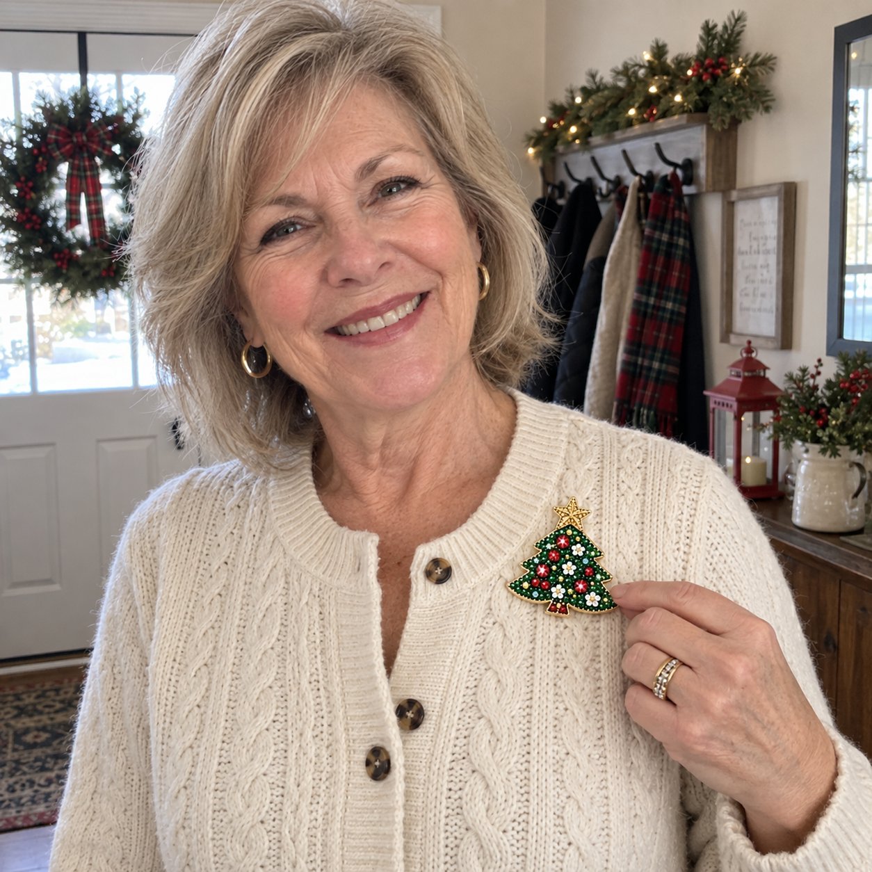A woman wearing a Christmas tree brooch on a cream cardigan