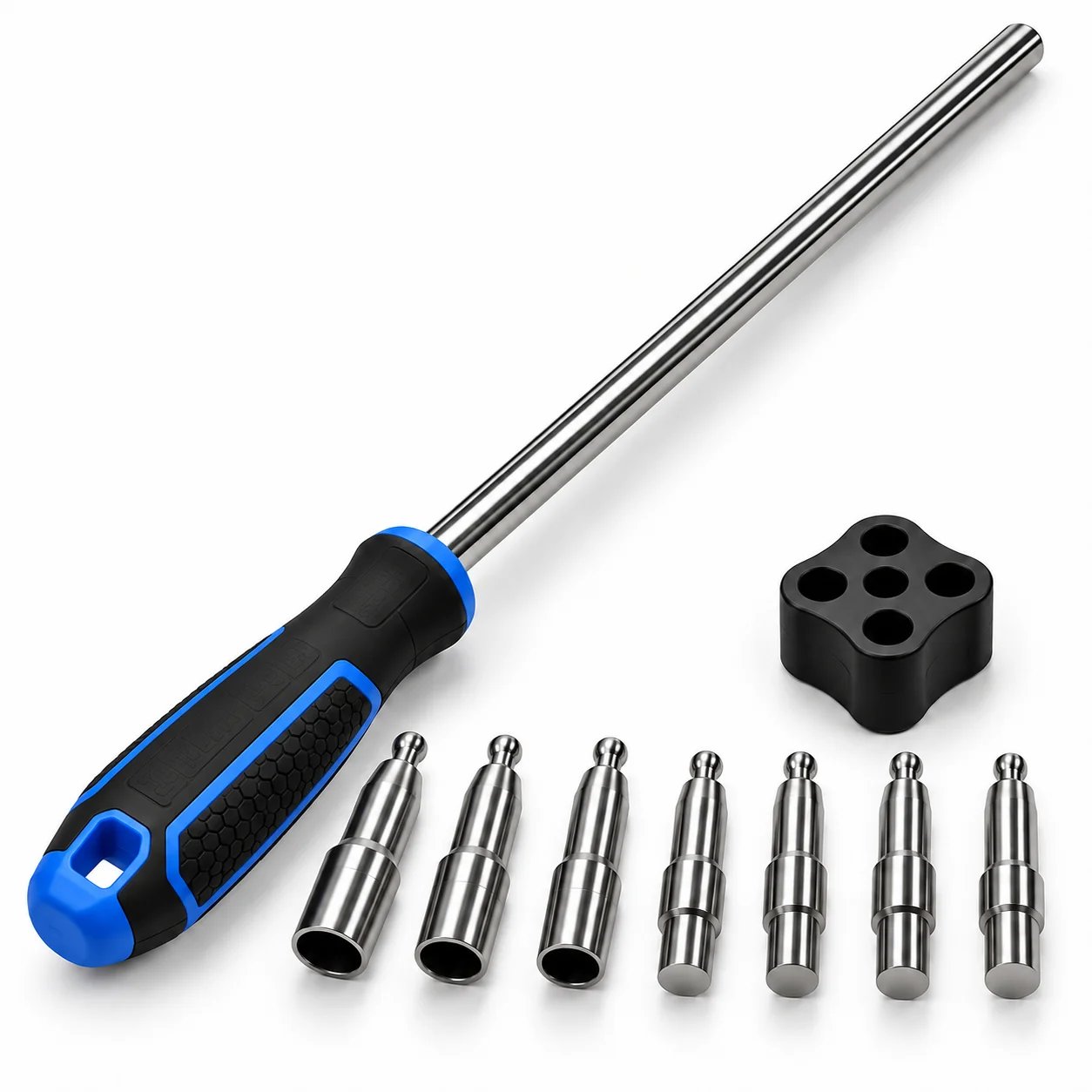 Blue handle wheel fitting assistant with seven adapters