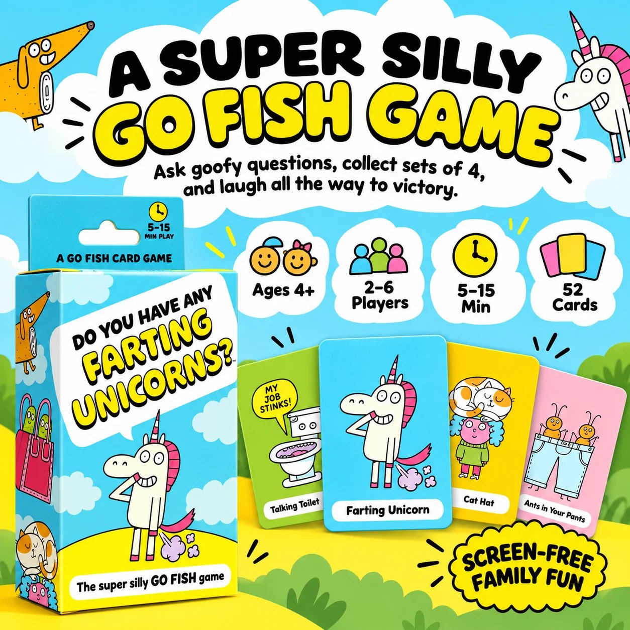 Super silly Go Fish card game with farting unicorns and funny cards