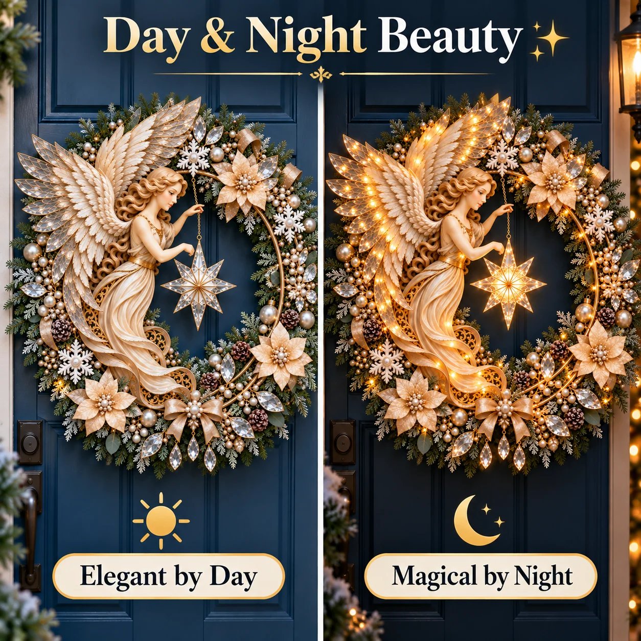 Lighted Christmas angel wreath showing elegant holiday styling