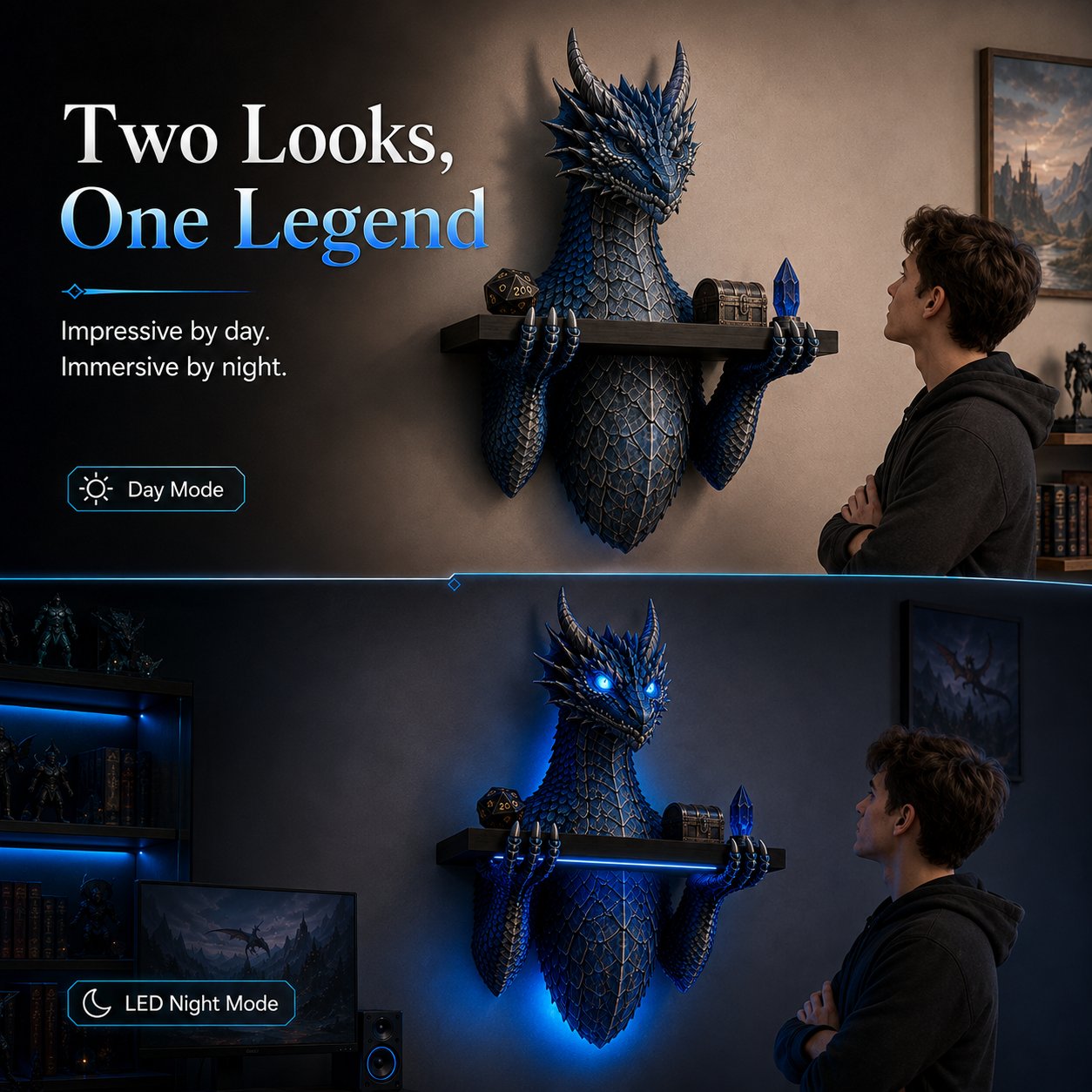 Dragon wall display shown in day mode and LED night mode