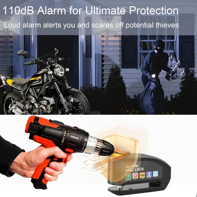 110 decibel motorcycle alarm disc lock
