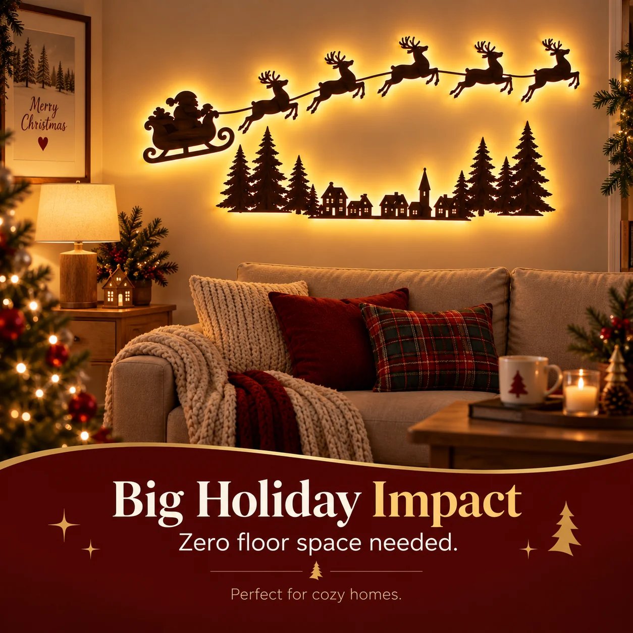 Warm white LED backlight highlighting Santa and reindeer silhouette