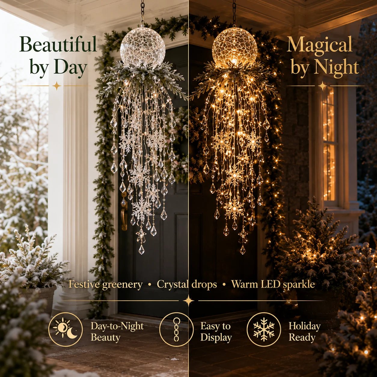 Christmas cascade light during day and night