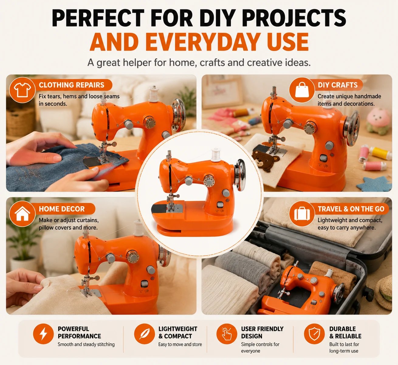 Compact sewing machine compared with full size sewing machine