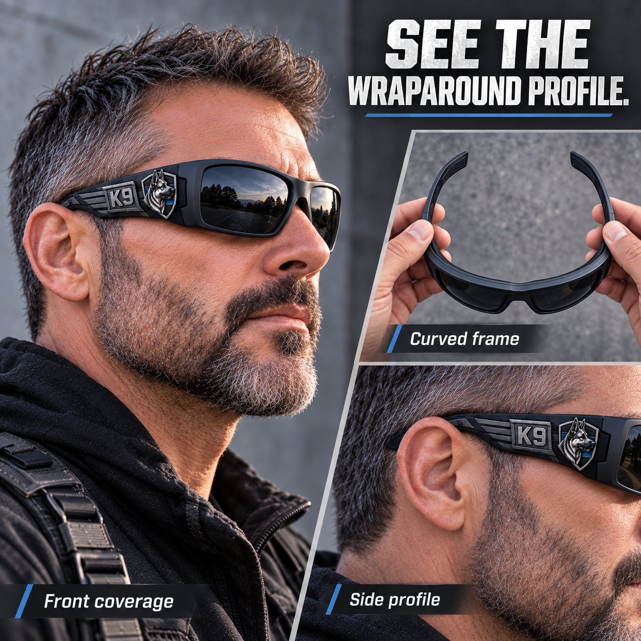 Front, side, and wraparound profile views of K9 Guardian sunglasses
