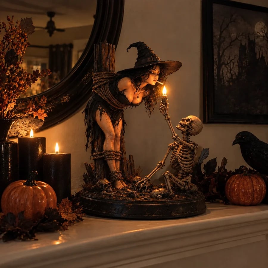 Witch and Skeleton Halloween Decor in a Customer’s Entryway