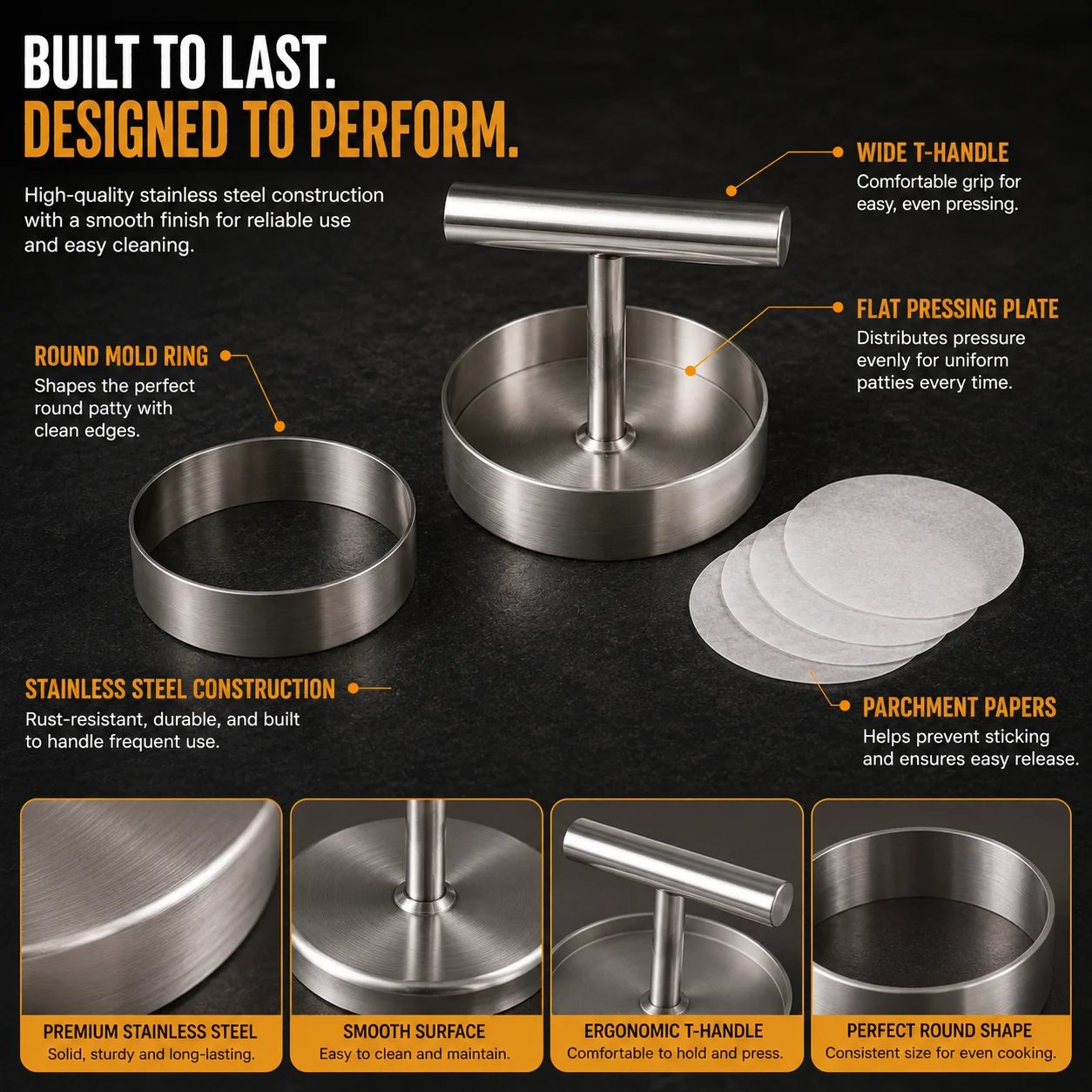 Stainless steel burger press handle plate and round mold