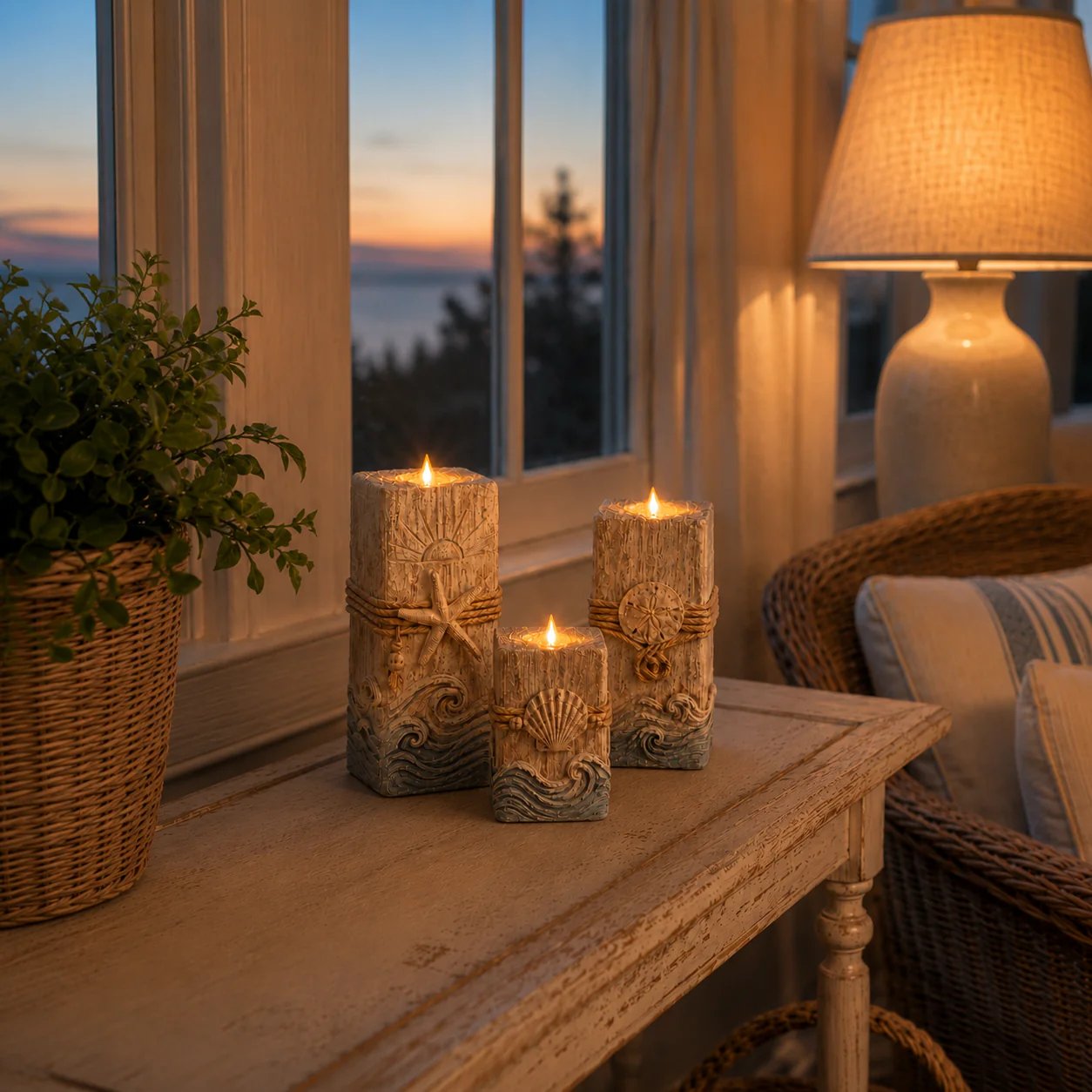 Three-piece wooden coastal LED candle decoration set overview
