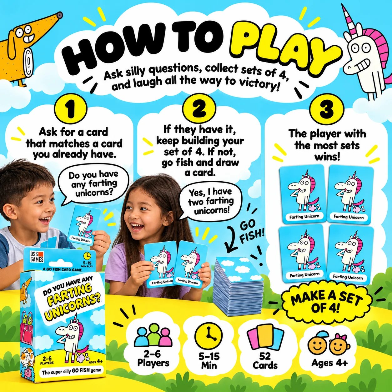 How to play silly Go Fish card game collect sets of four