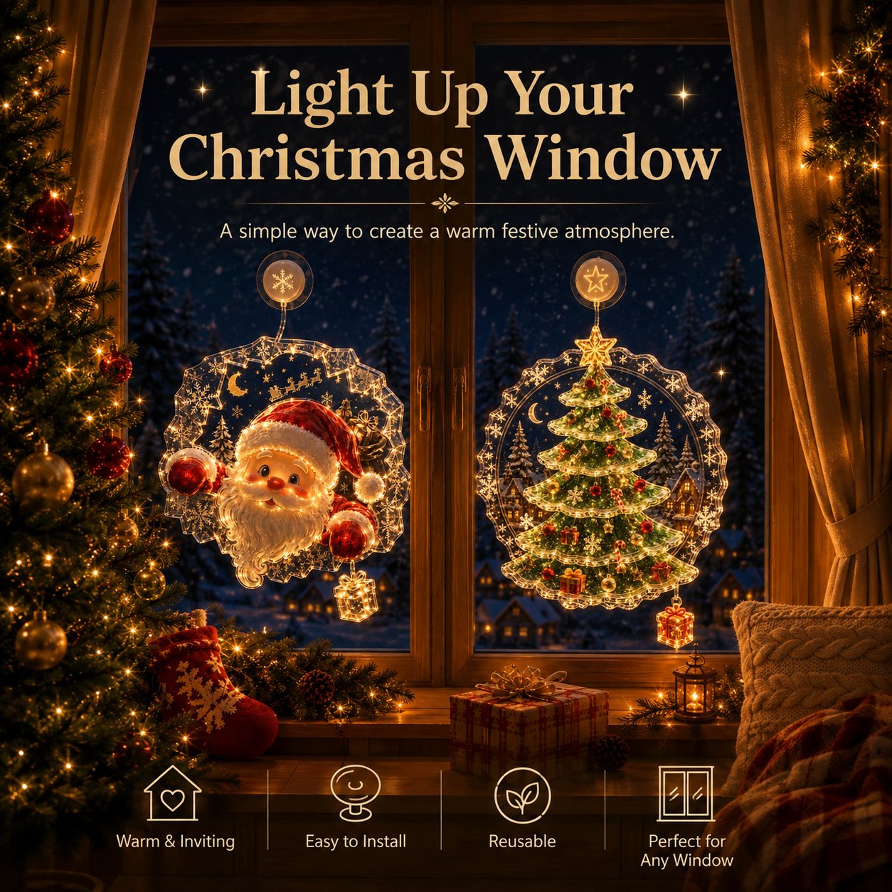 Christmas suction cup window lights glowing warmly in a window
