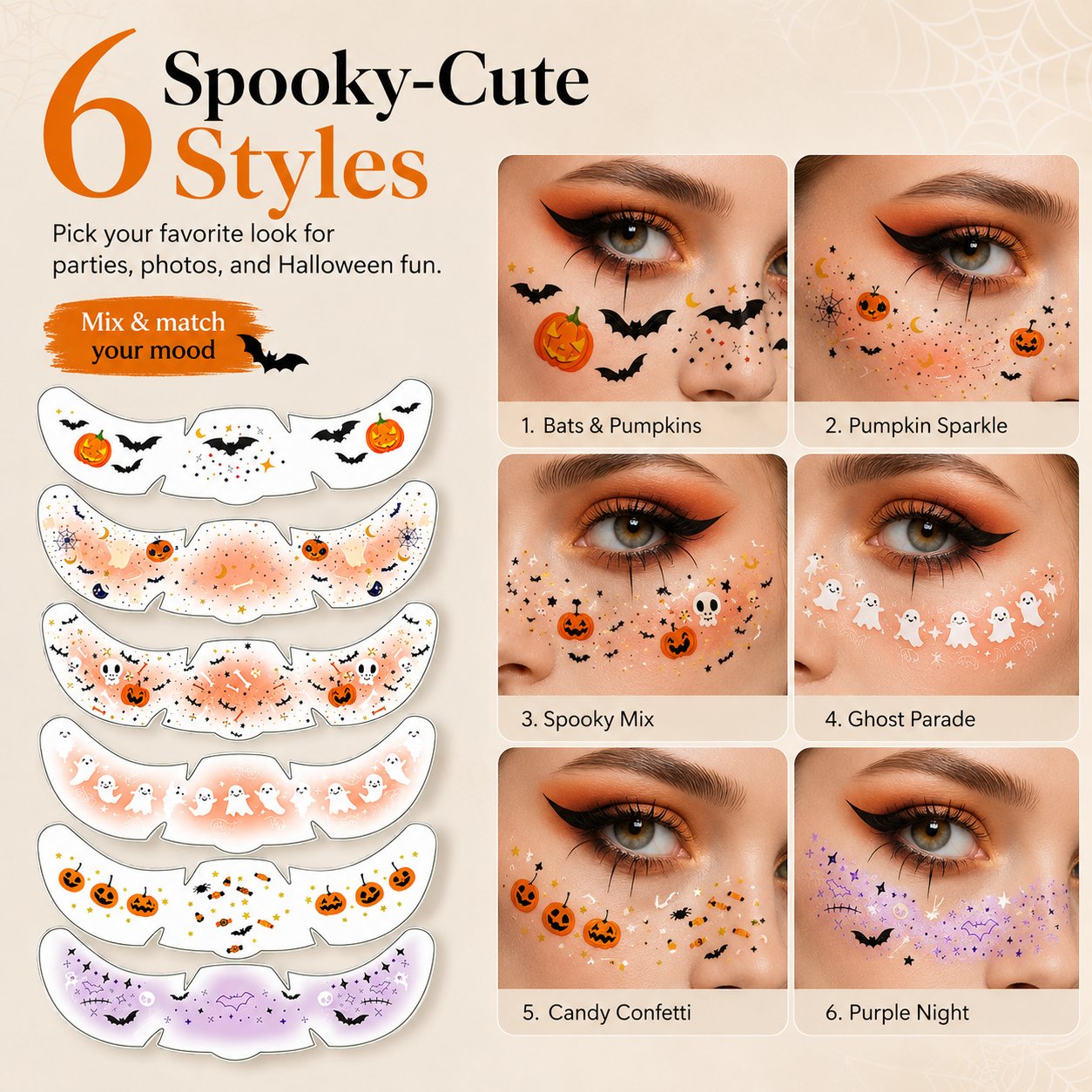 Six Halloween face tattoo styles including bats pumpkins ghosts and purple spooky designs Six Halloween face tattoo styles including bats pumpkins ghosts and purple spooky designs
