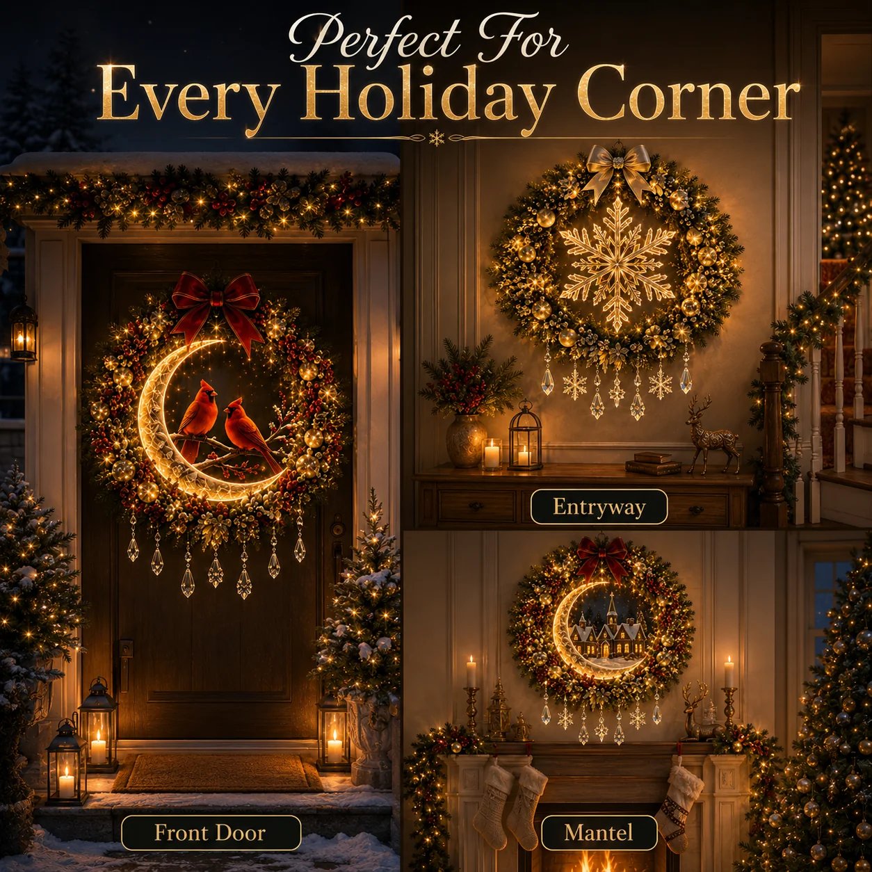 Christmas wreath decorating ideas for door entryway and mantel