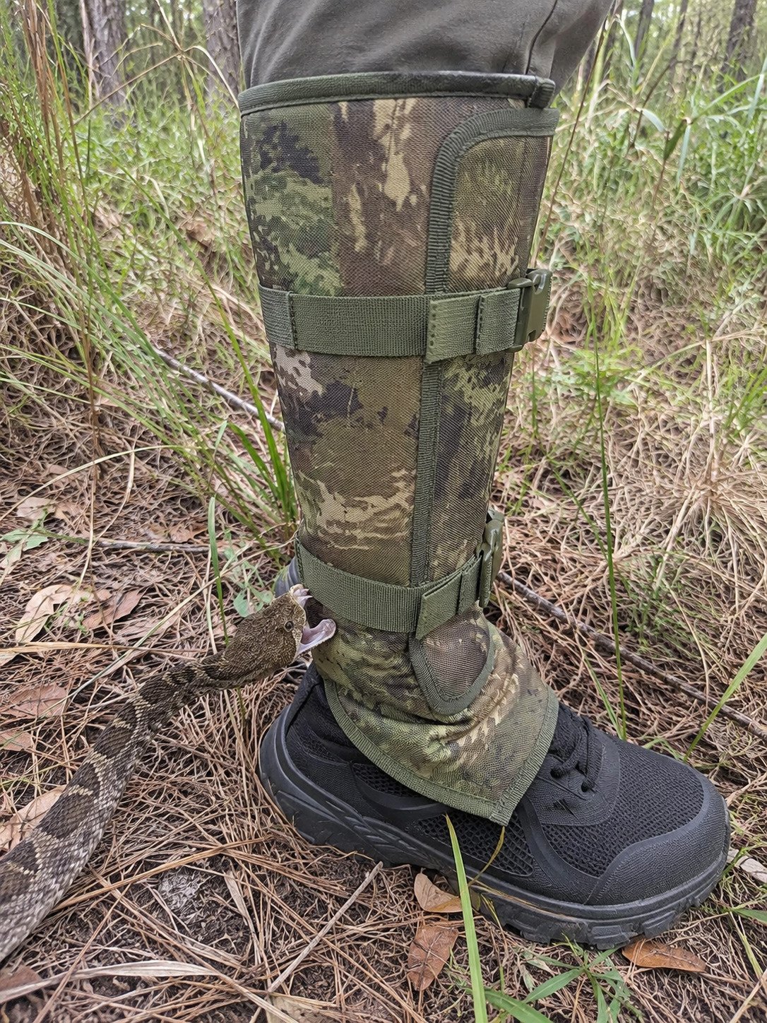 Customer wearing snake guard gaiters outdoors