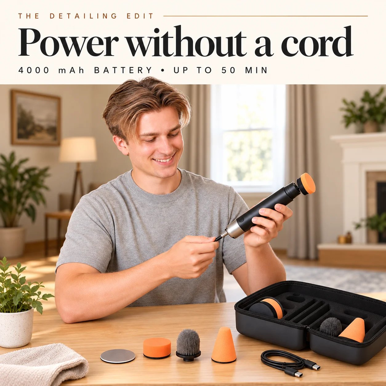 3-in-1 Cordless Car Polisher – 12,000 RPM Rechargeable Tool