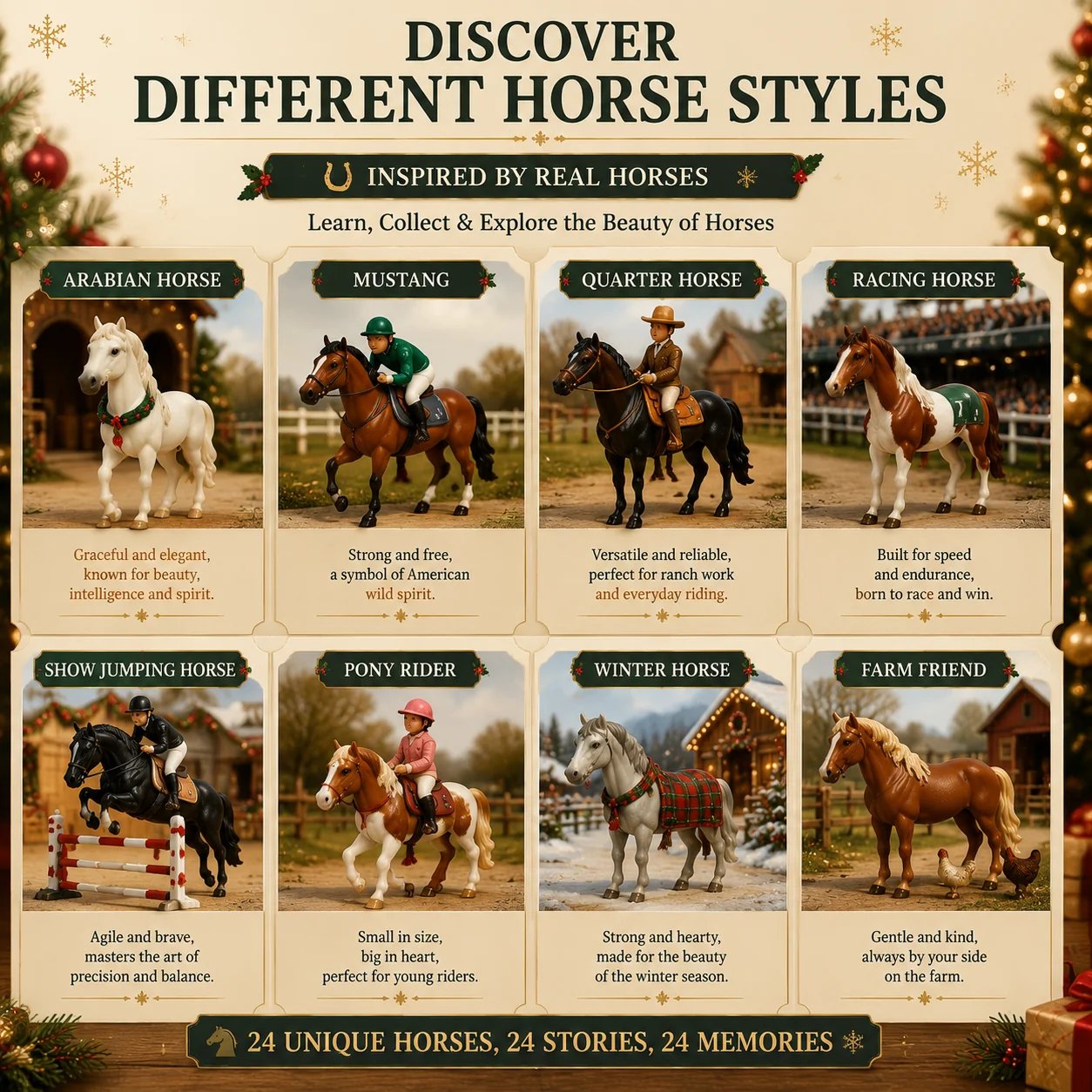 Different horse breeds, riding styles, winter horses, and farm friends in the collection