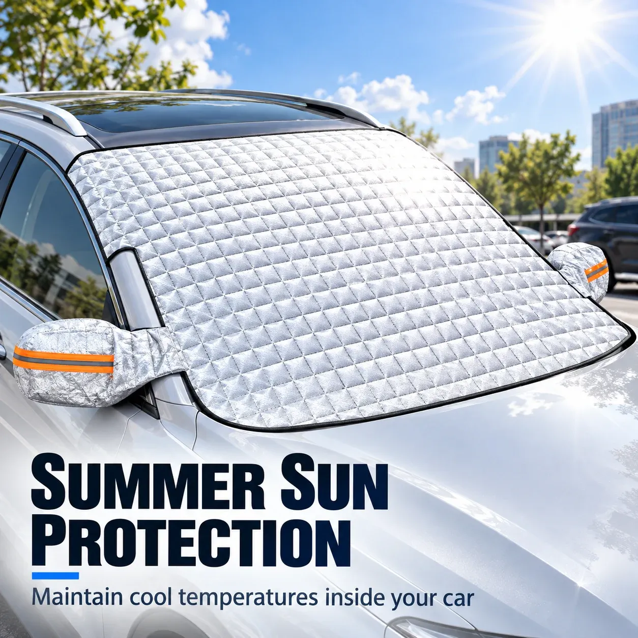 Silver windshield and mirror cover shading a parked car in summer sunshine