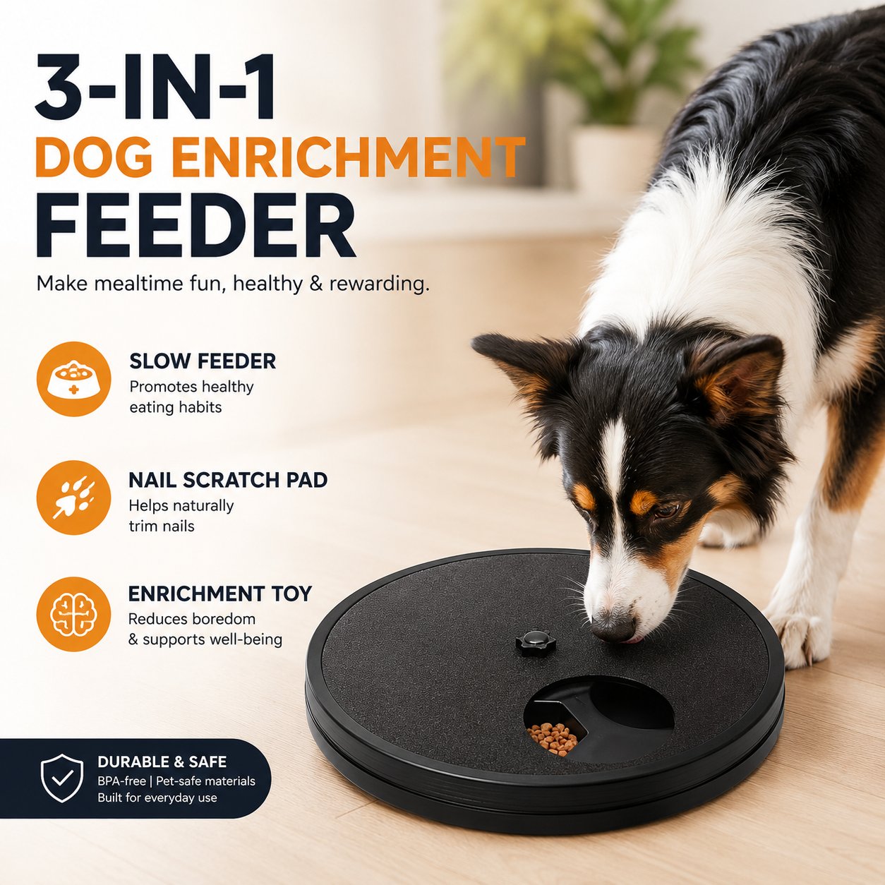 Three-in-one dog enrichment feeder in use