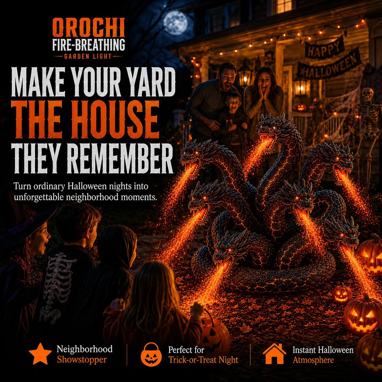 Halloween Orochi fire breathing garden light family yard display