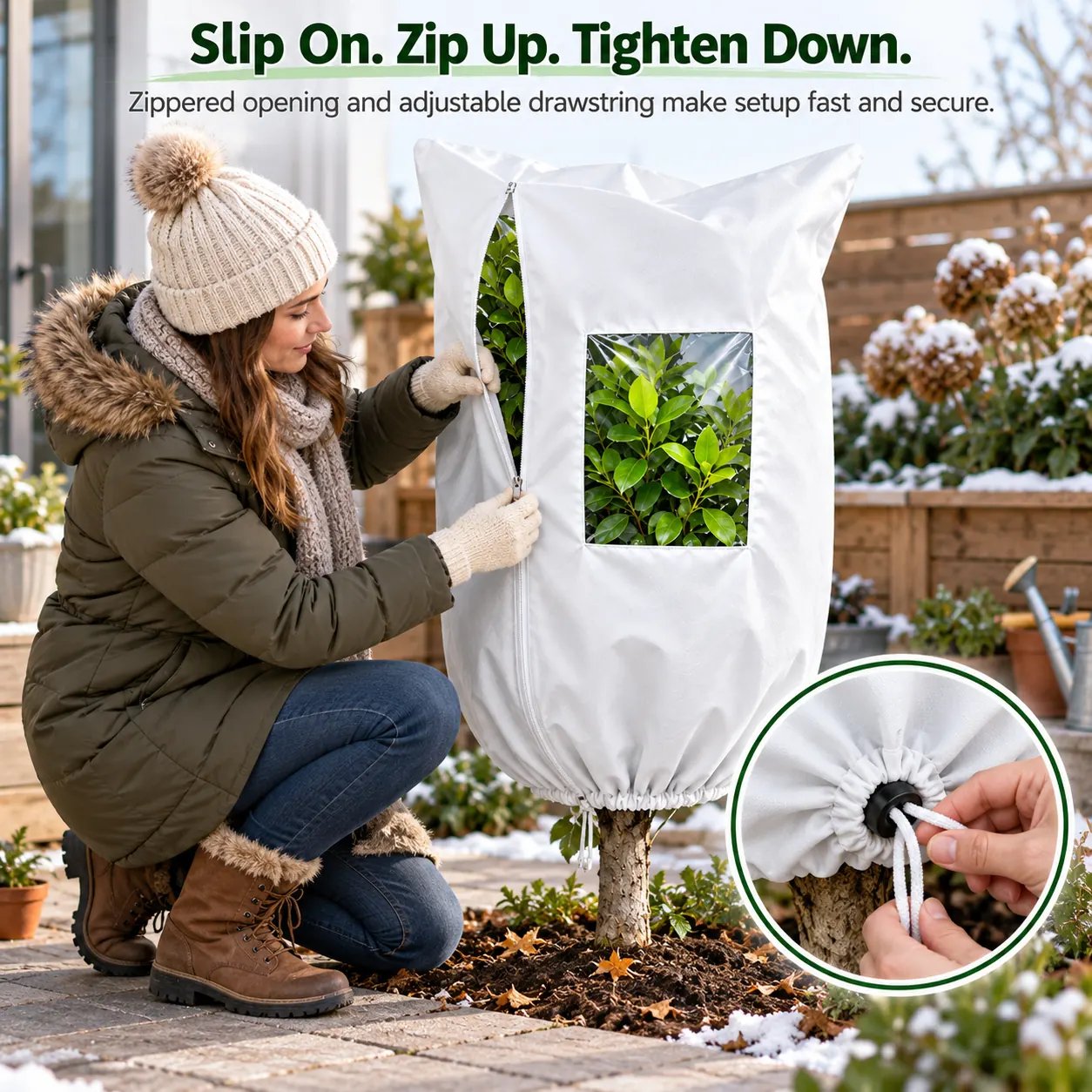 Gardener using the zipper and drawstring on the plant frost protection cover