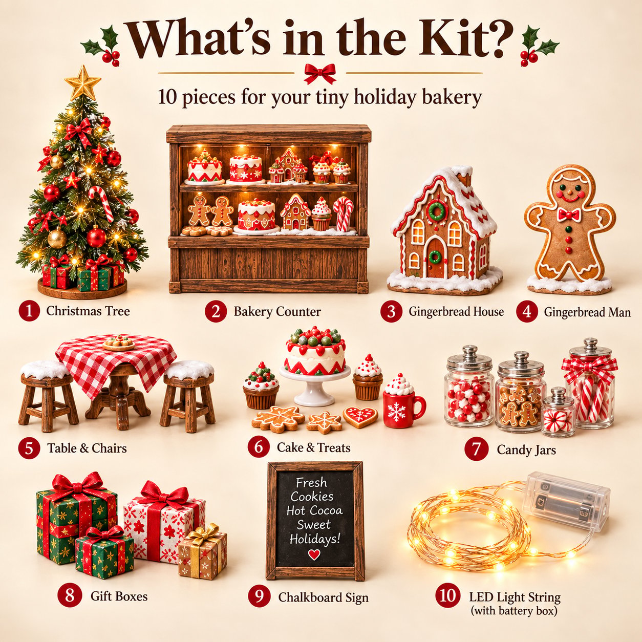 10 pieces included in Christmas bakery miniature