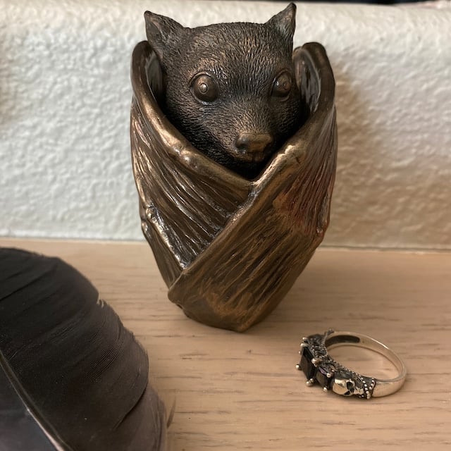 Gothic bronze bat jewelry holder