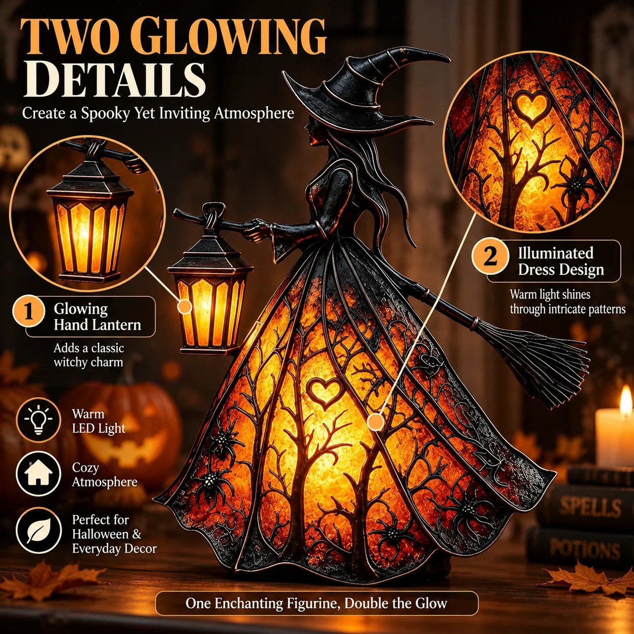 Glowing lantern and illuminated dress on Gothic witch figurine