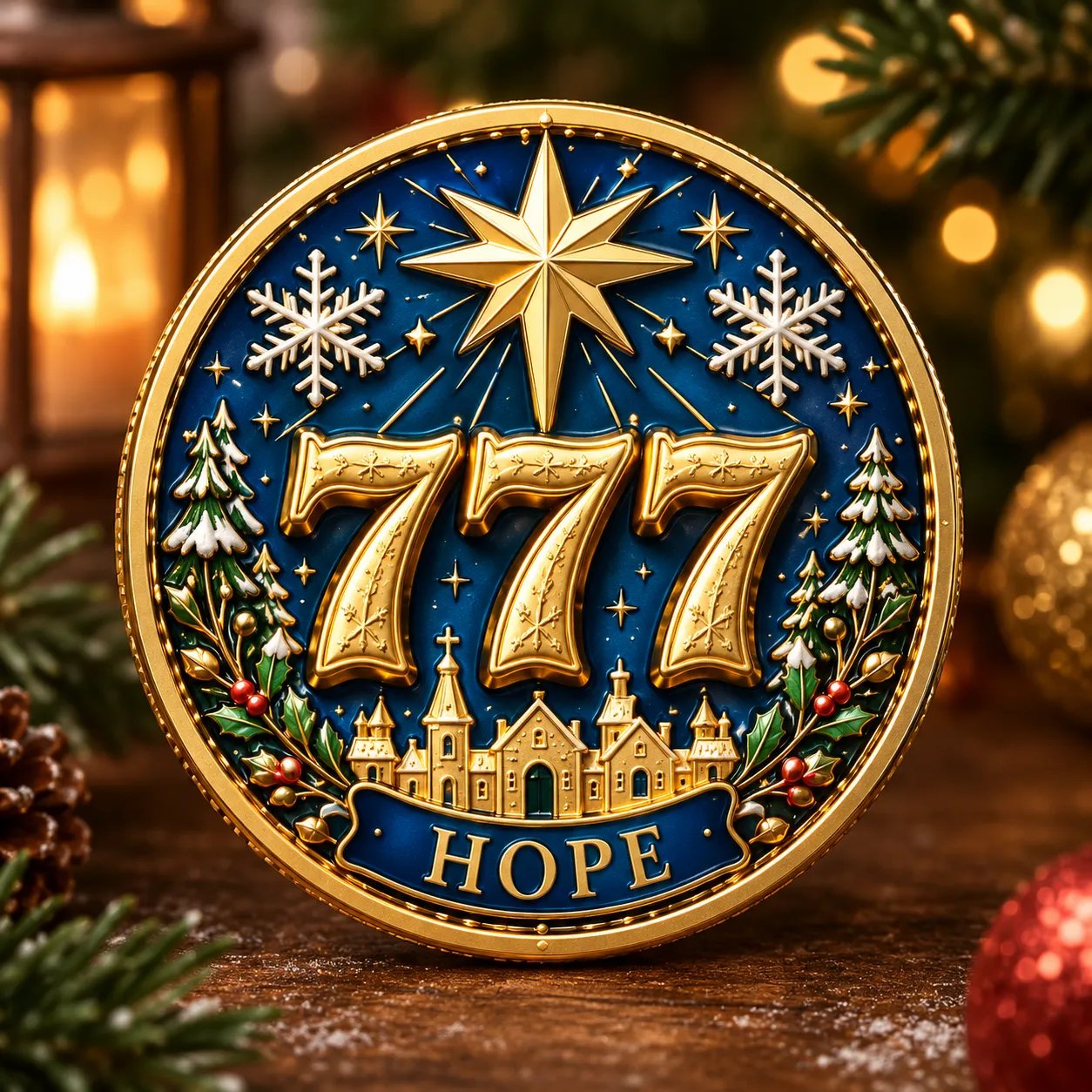 Hope coin with star snowflakes village and gold-tone 777