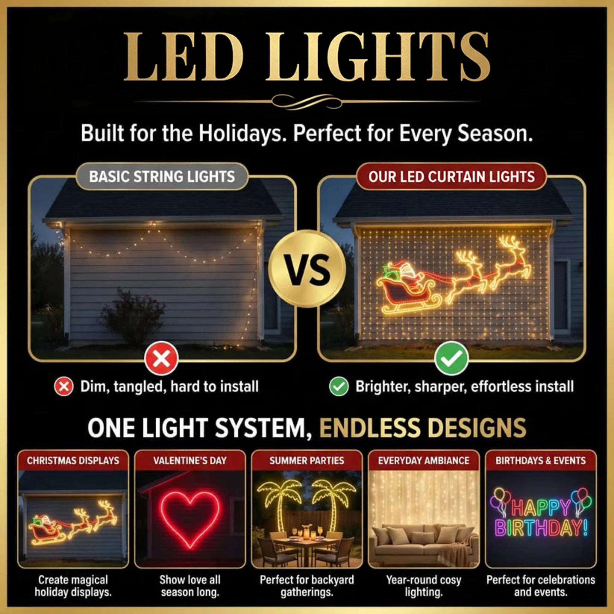LED curtain display ideas for Christmas, Valentine’s Day, summer parties, everyday ambiance and birthdays