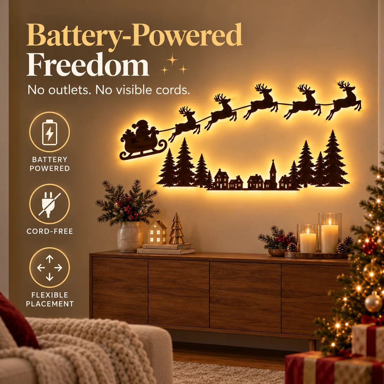 Cordless battery powered Christmas wall decoration