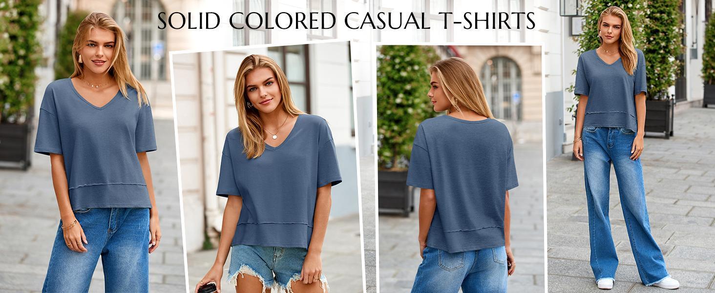 Imily Bela Womens Summer V Neck T Shirts Casual Short Sleeve Flowy Tops Cute Loose Fit Basic Tees Imily Bela Womens Summer V Neck T Shirts Casual Short Sleeve Flowy Tops Cute Loose Fit Basic Tees