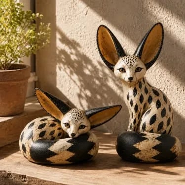 Vintage Fennec Fox Sitting and Resting sculpture set