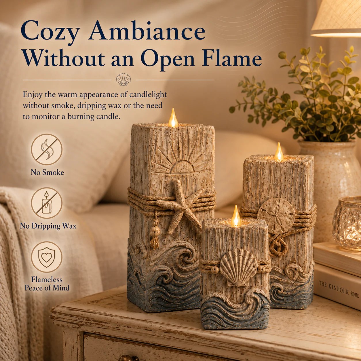 Warm amber flameless LED candle set glowing safely indoors