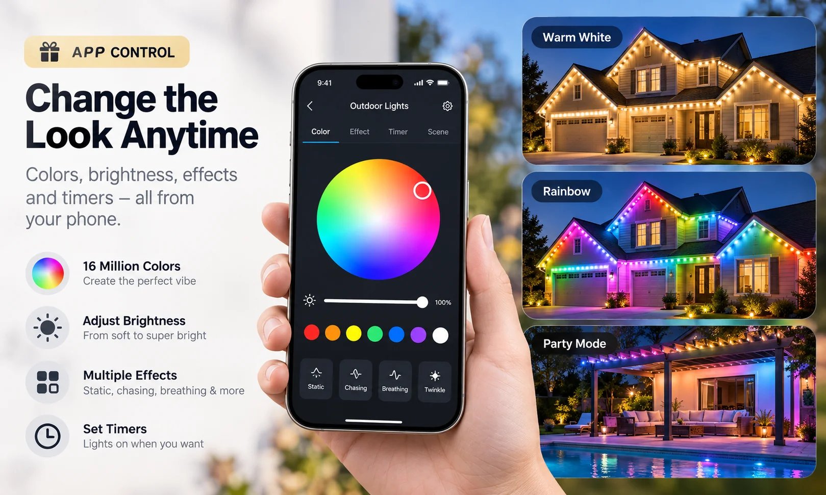 Smartphone app control for permanent outdoor lights