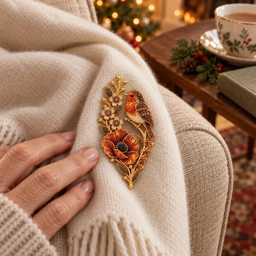 Robin Poppy Brooch Worn on Scarf