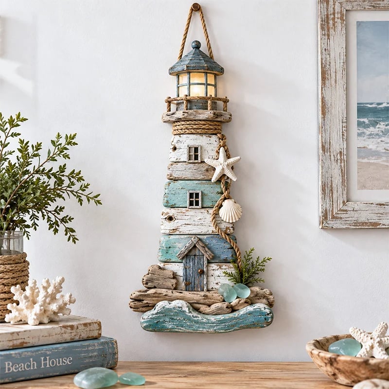 Coastal lighthouse wall decor inspired by driftwood with rope, seashells and sea glass accents
