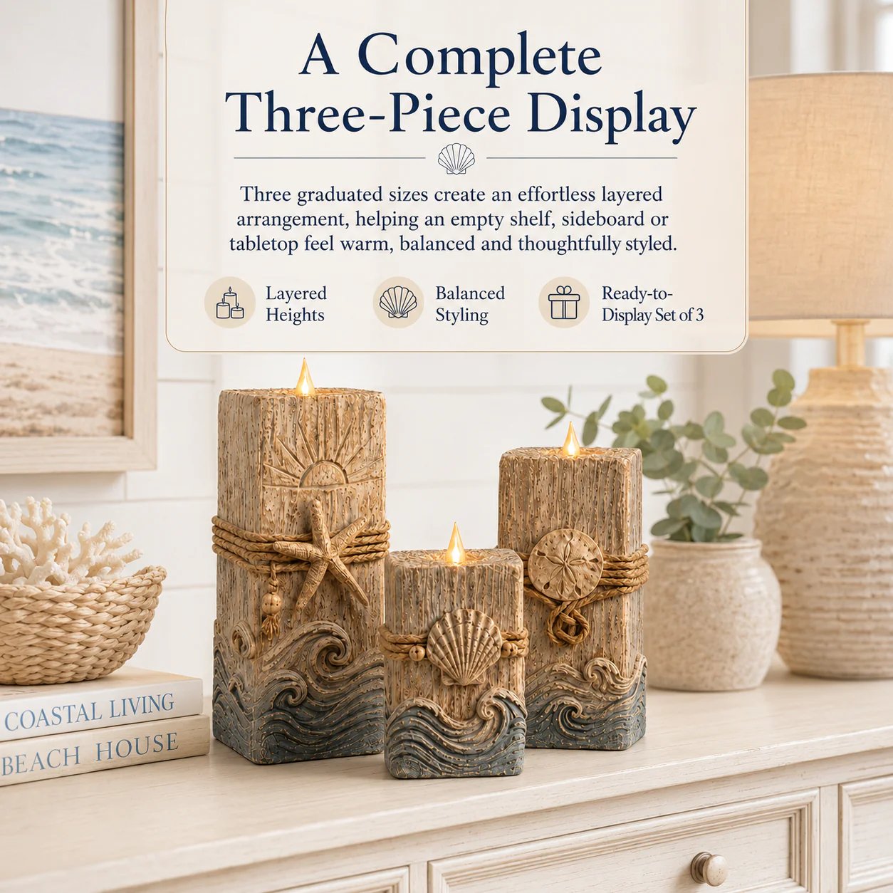 Three graduated coastal LED candle set styled on home sideboard