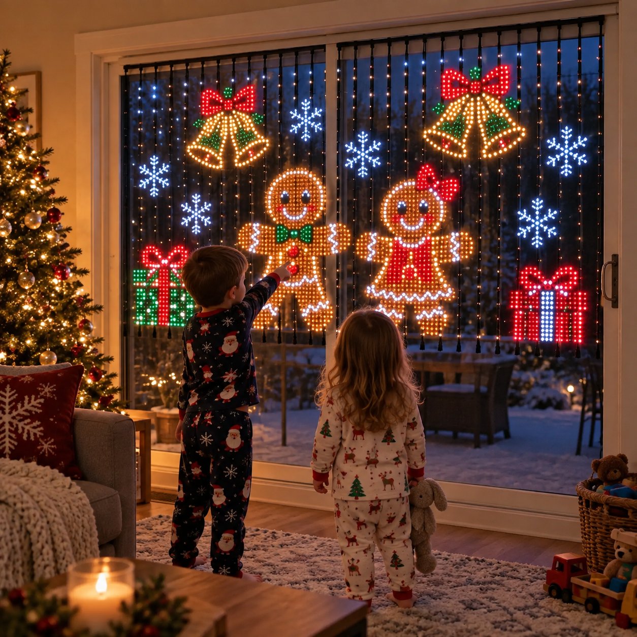 Children looking at a gingerbread LED scene across a glass door Children looking at a gingerbread LED scene across a glass door