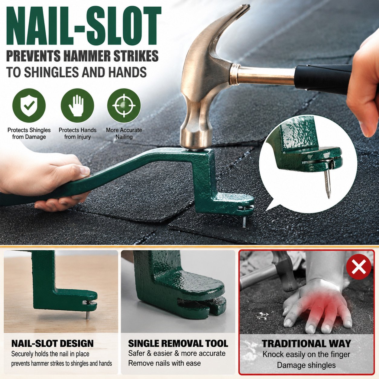 Roofing snake tool functions for shingle nail removal and positioning