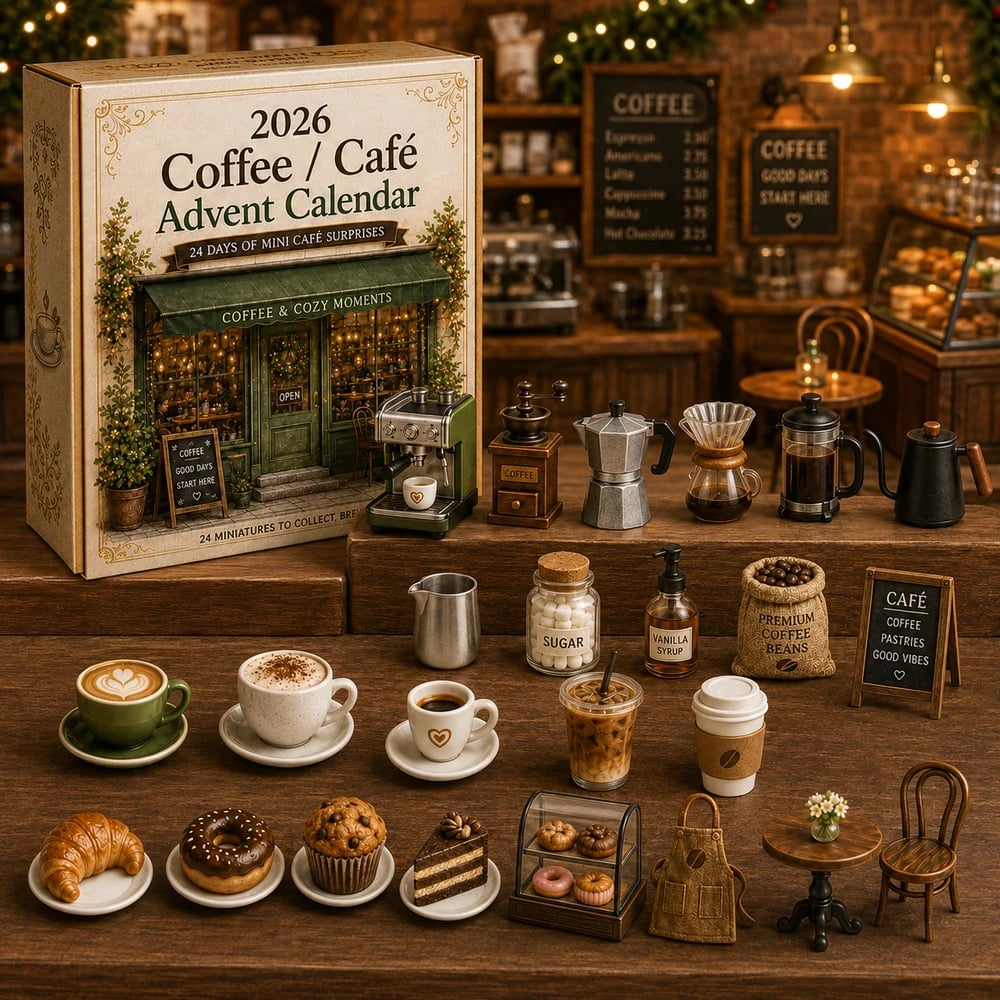 Miniature coffee shop collection after completing Cozy Cafe Advent Calendar