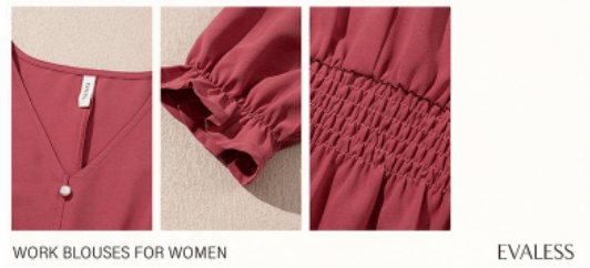Close-up of V neckline, cuff and smocked waist