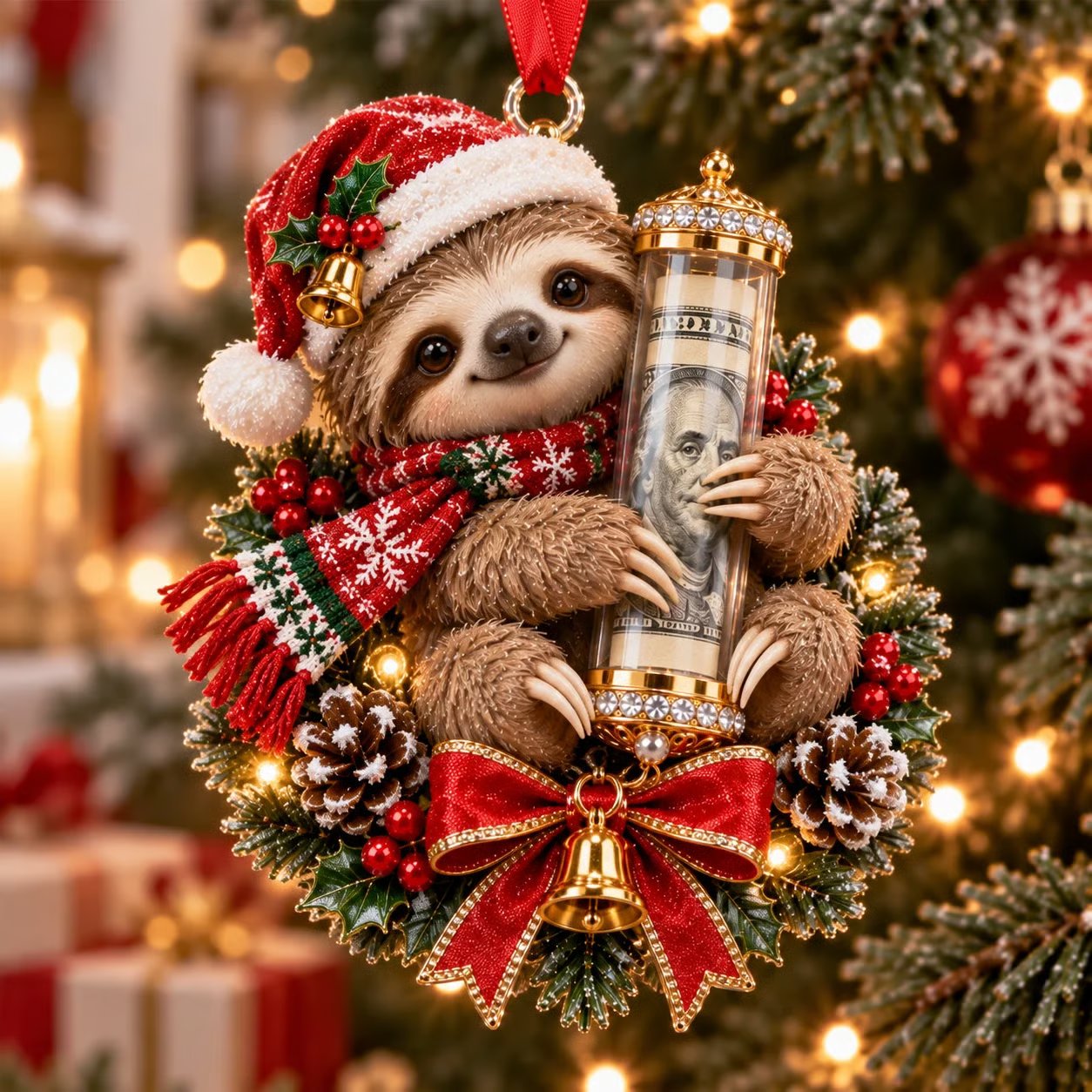Cozy Sloth money plush ornament