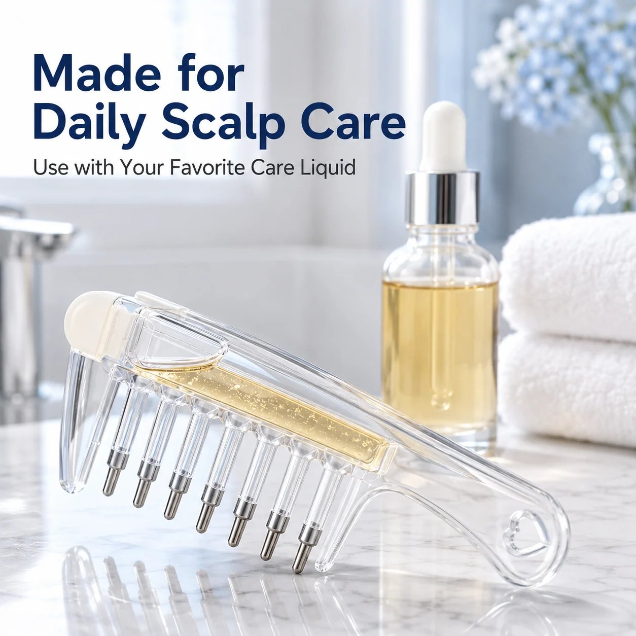 Combing through scalp and massaging hair roots