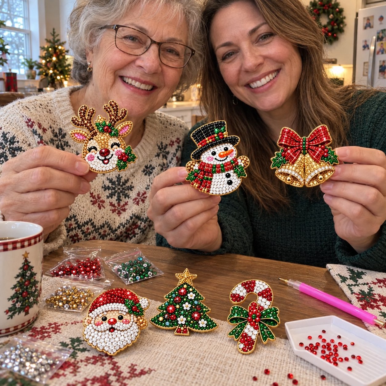 Two women showing their reindeer, snowman and bells brooches