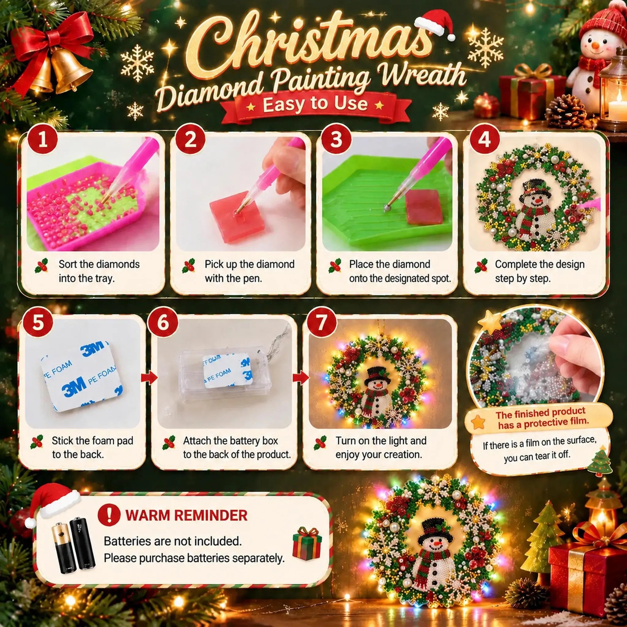 Christmas diamond painting kit materials DIY steps and glowing result