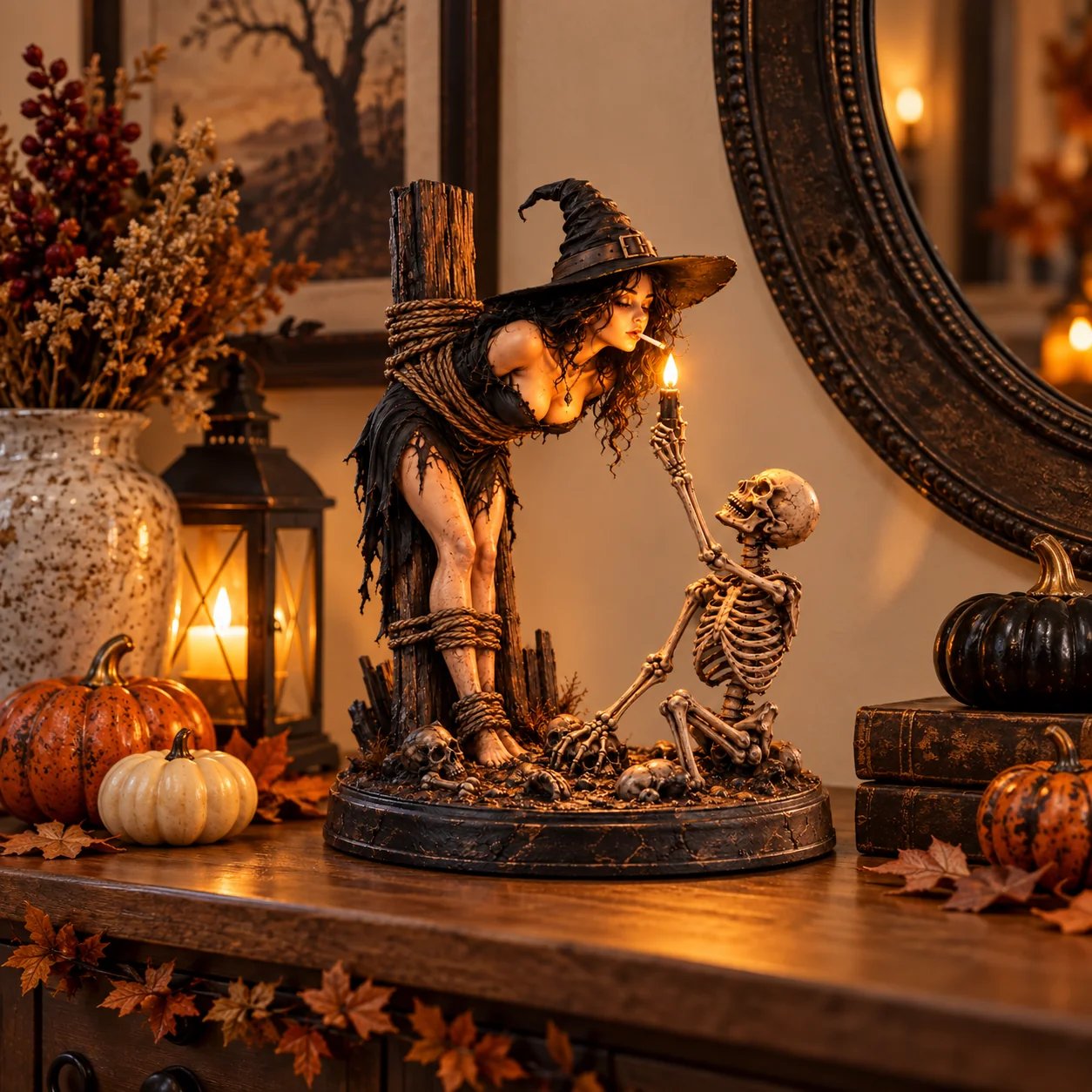 Witch and Skeleton Figurine Decorated with Pumpkins and Halloween Decorations