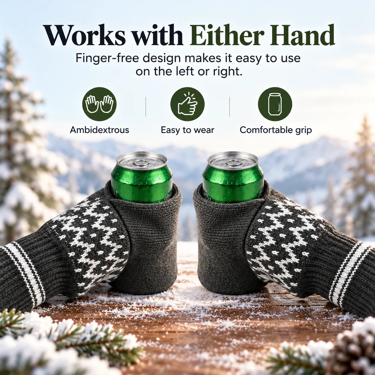 Ambidextrous beer mitten gloves designed to work on either hand